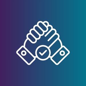 White handshake and checkmark icon on a blue-purple gradient background