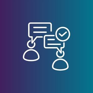 White chat and user icons with a checkmark on a blue-purple gradient background