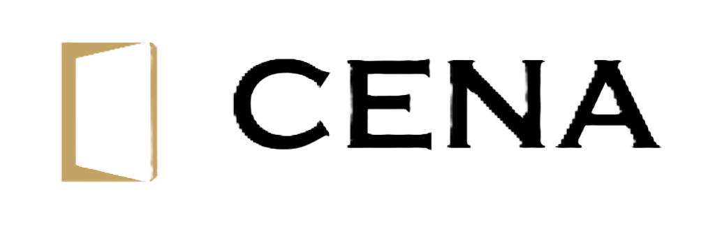 A black and gold logo for cena on a white background.