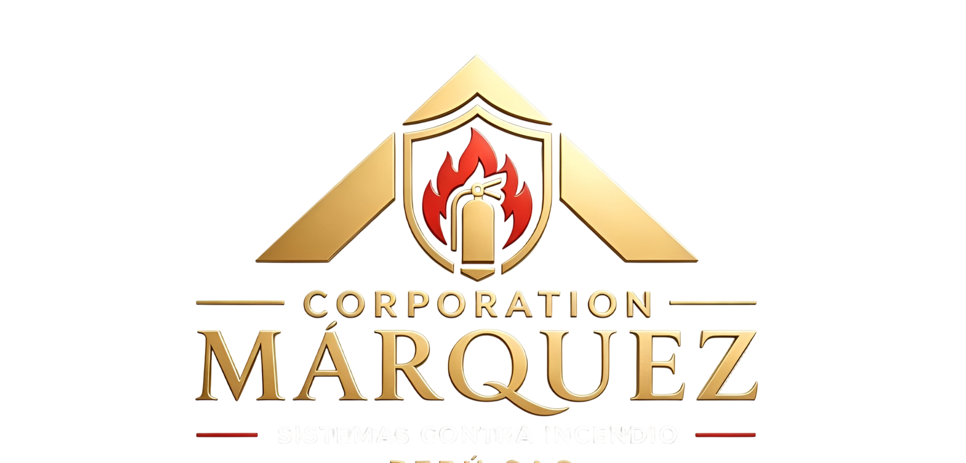 Logotipo de Corporación Márquez en oro y blanco con escudo y emblema de llama