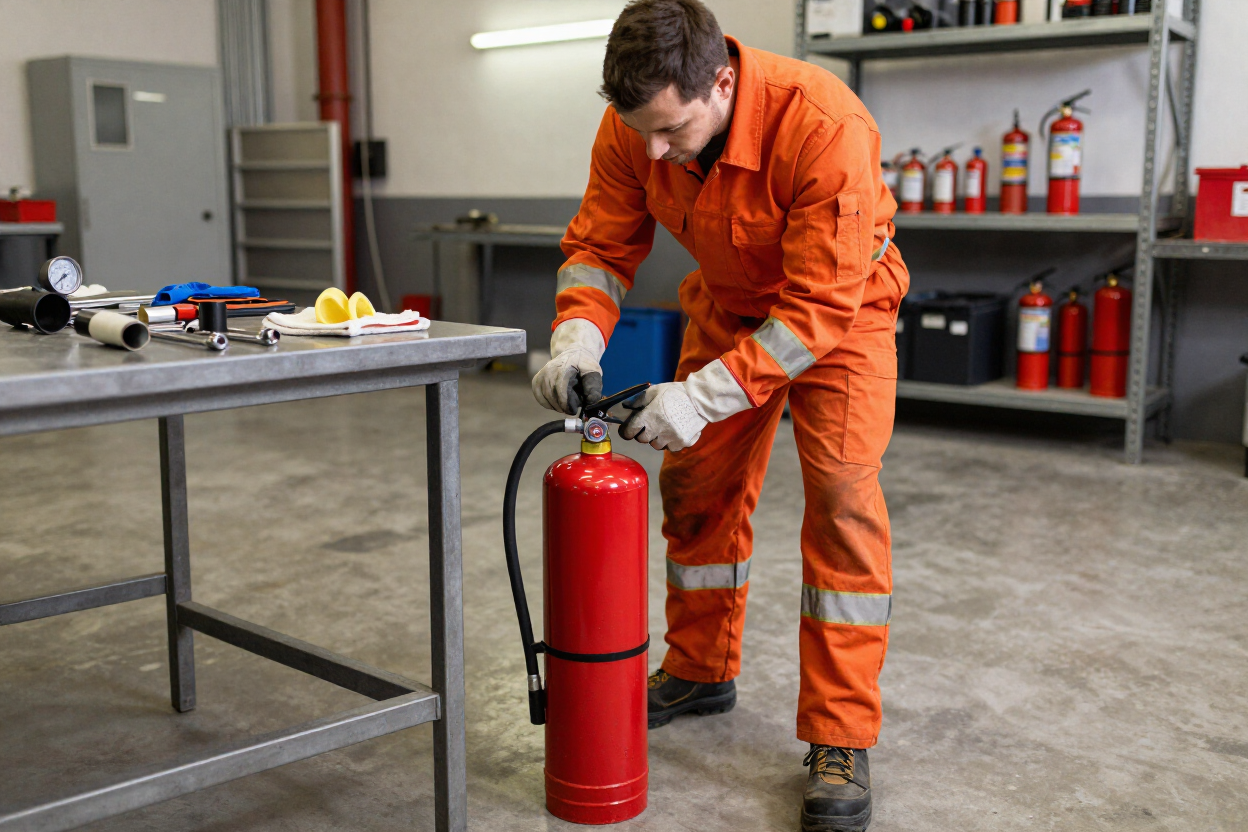 Un trabajador con mono naranja revisa un extintor rojo en un taller mecánico.
