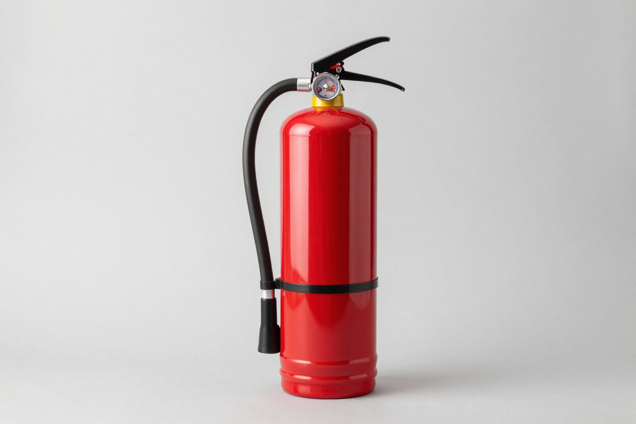 Extintor de incendios rojo sobre fondo blanco