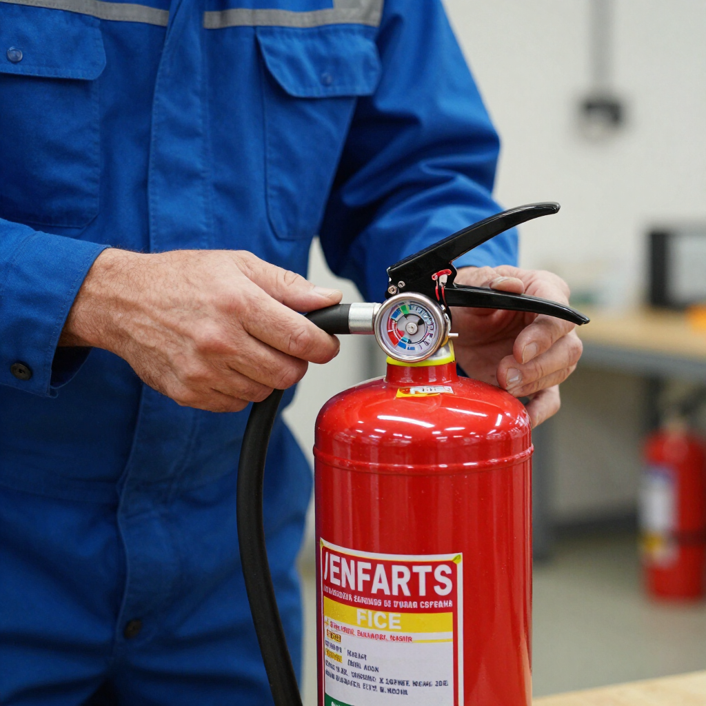 Un técnico inspecciona un extintor rojo con un manómetro en un taller.