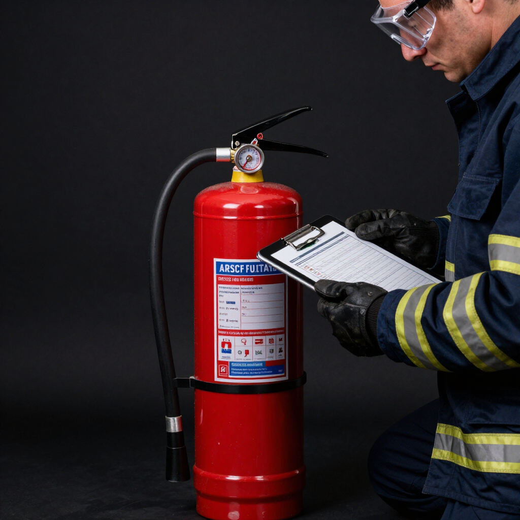 Inspección de extintores por un técnico con portapapeles y gafas de seguridad.