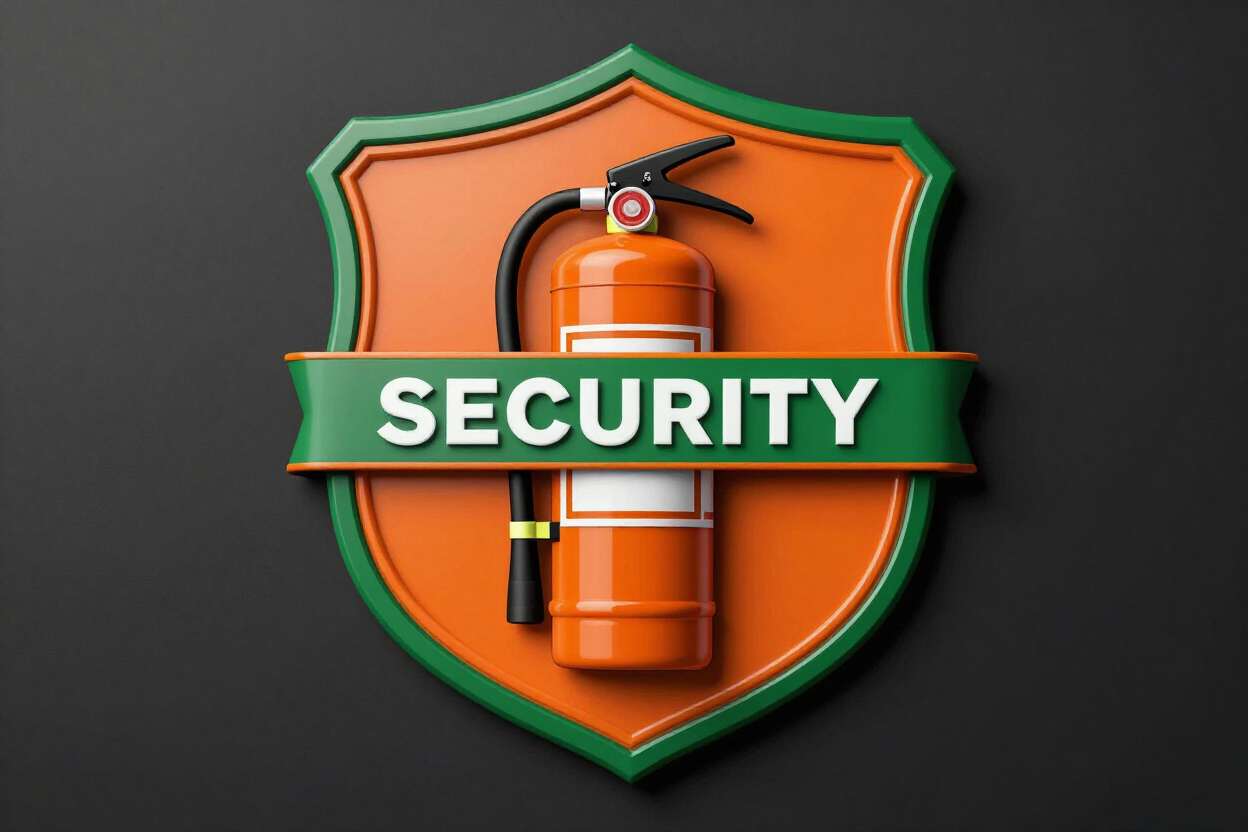 Escudo de seguridad naranja con un extintor y la palabra