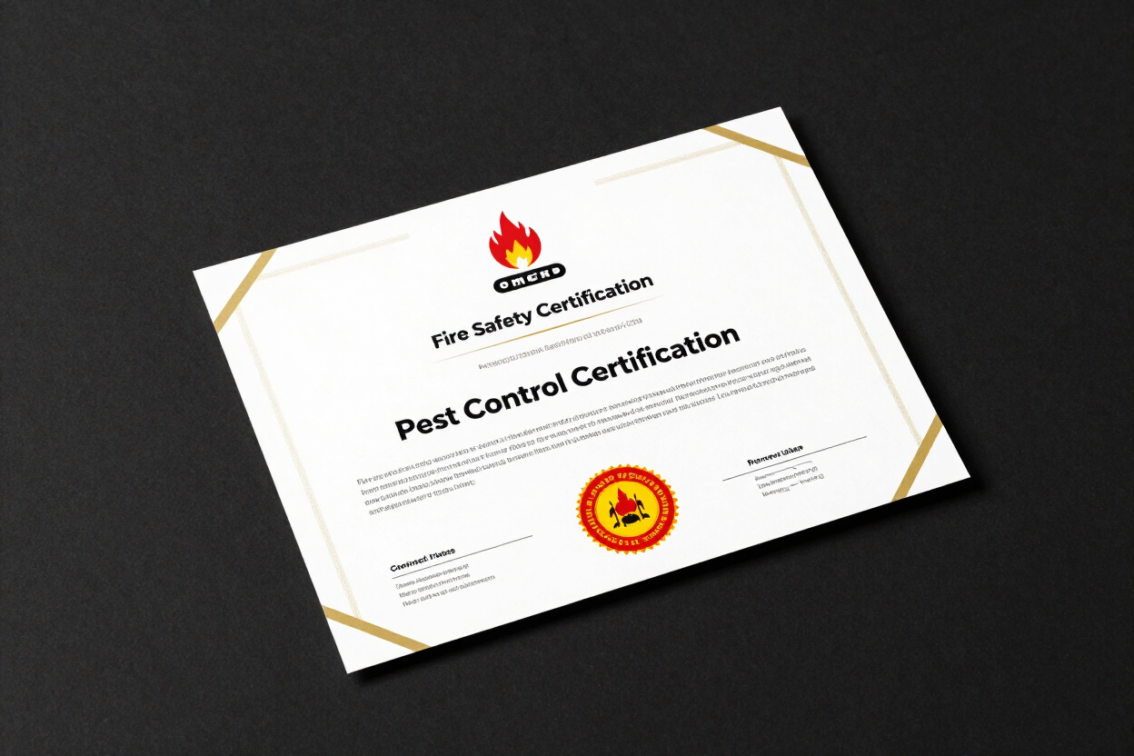 Certificado inclinado en tonos pastel con icono de llama y sello rojo sobre fondo oscuro.