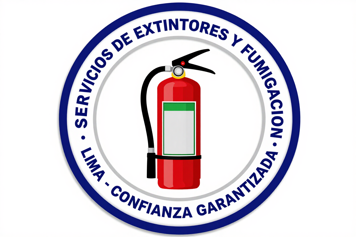 Logo circular de servicios de extintores y fumigación, con extintor rojo y azul; texto “Lima - Confianza Garantizada”