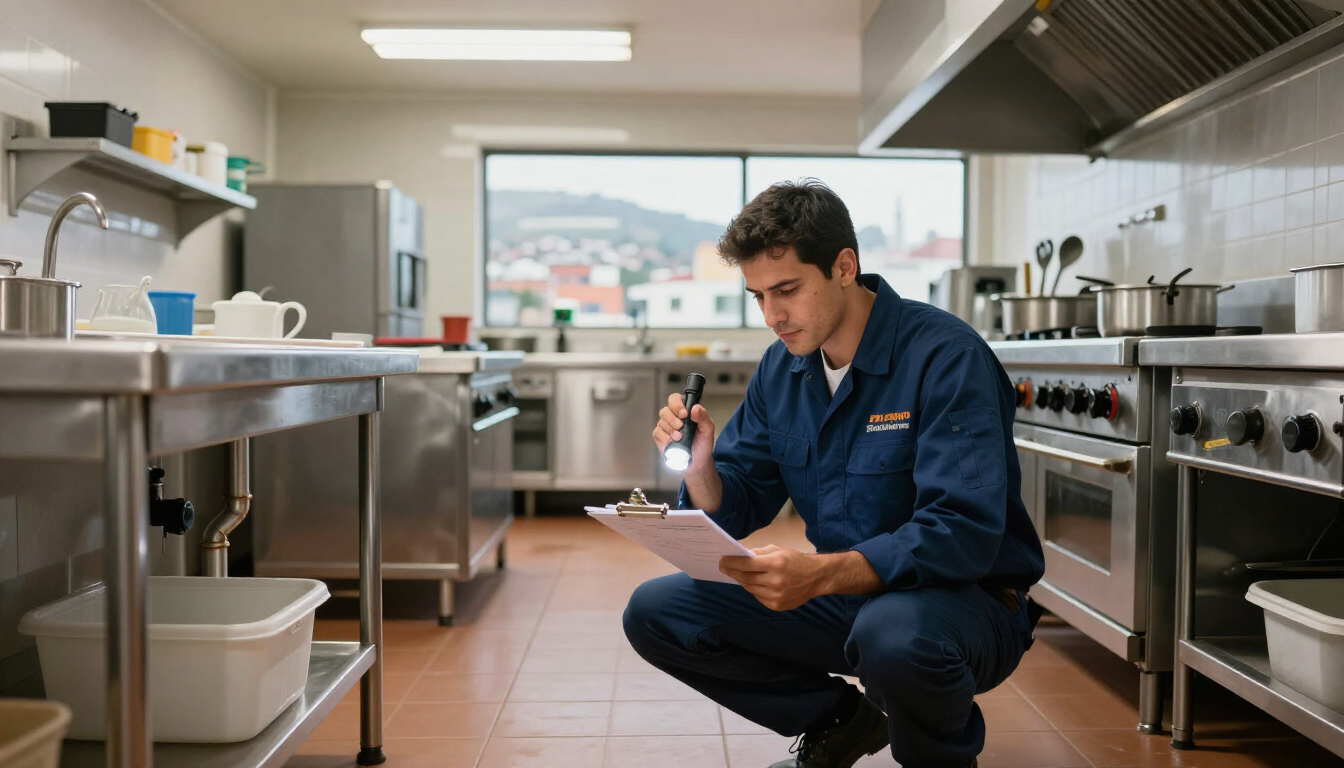 Un chef arrodillado en una cocina de acero inoxidable inspecciona un portapapeles junto a los utensilios de cocina.