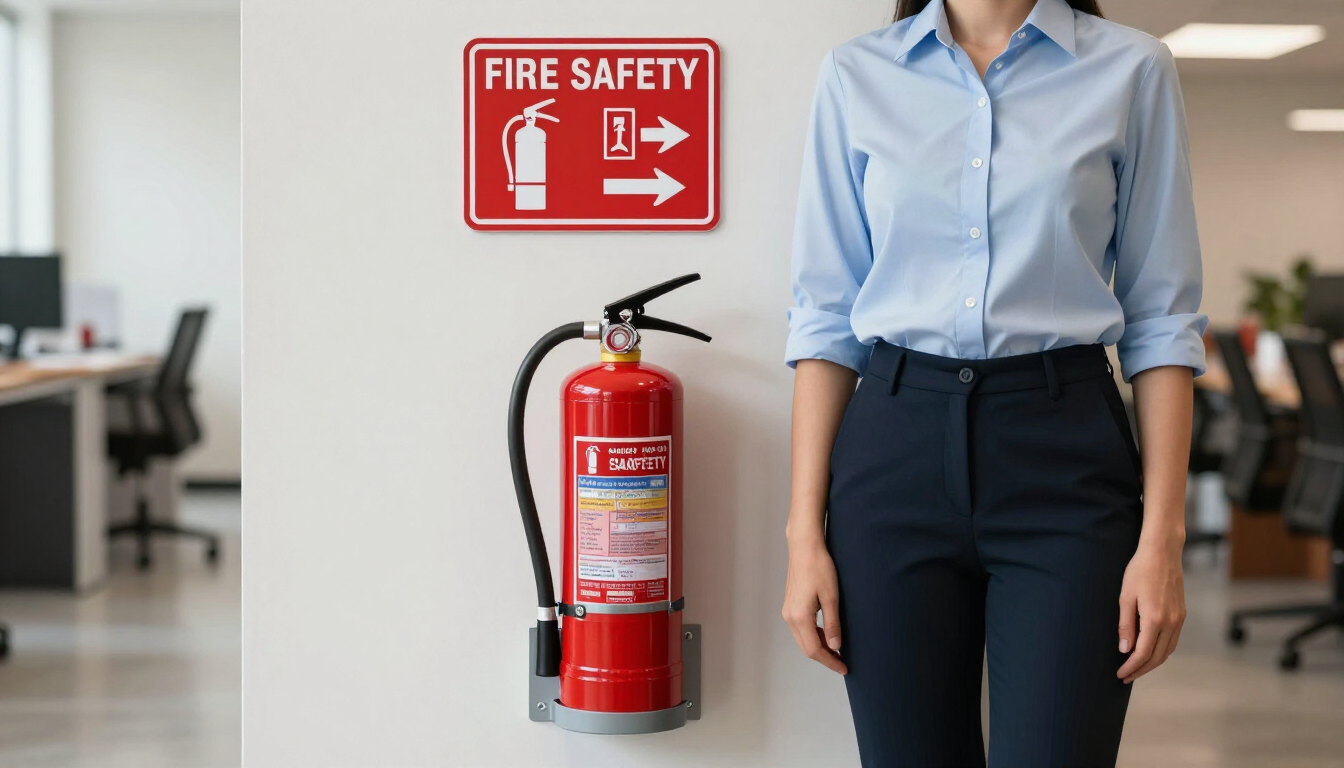Pasillo de oficina con un extintor debajo de una señal de seguridad contra incendios; una persona de pie cerca.
