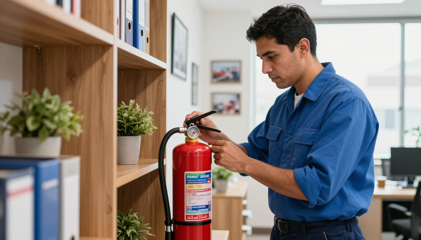 Un hombre con camisa azul inspecciona un extintor rojo junto a una estantería de madera en una oficina.