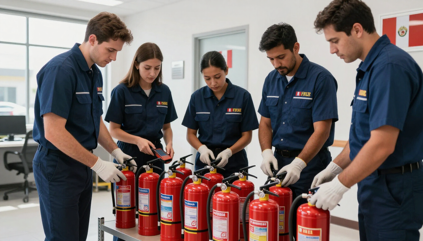 Cinco técnicos con uniformes azules inspeccionan extintores rojos sobre una mesa en una habitación que parece un laboratorio.