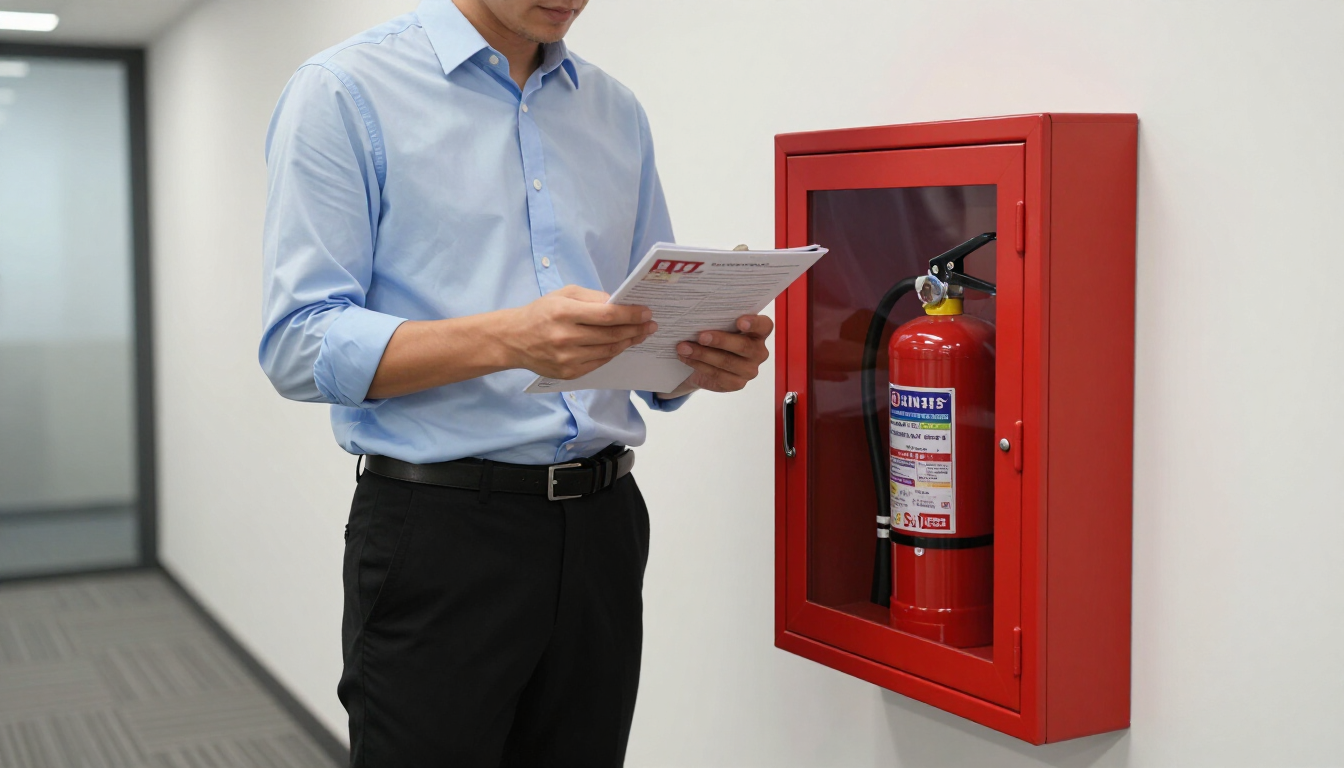 Persona inspeccionando un armario rojo para extintores montado en la pared con una lista de verificación.