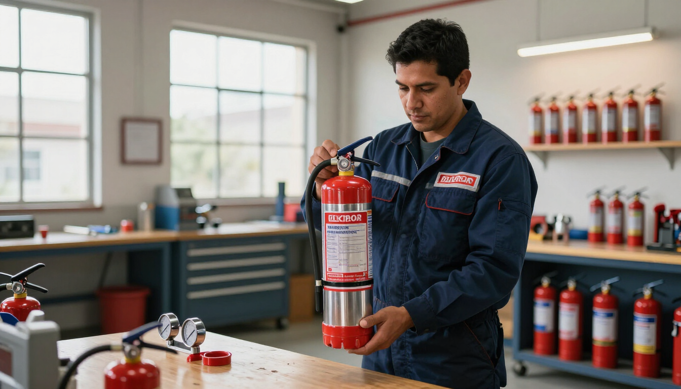 Una persona en un taller inspecciona un extintor rojo sobre un banco de trabajo.