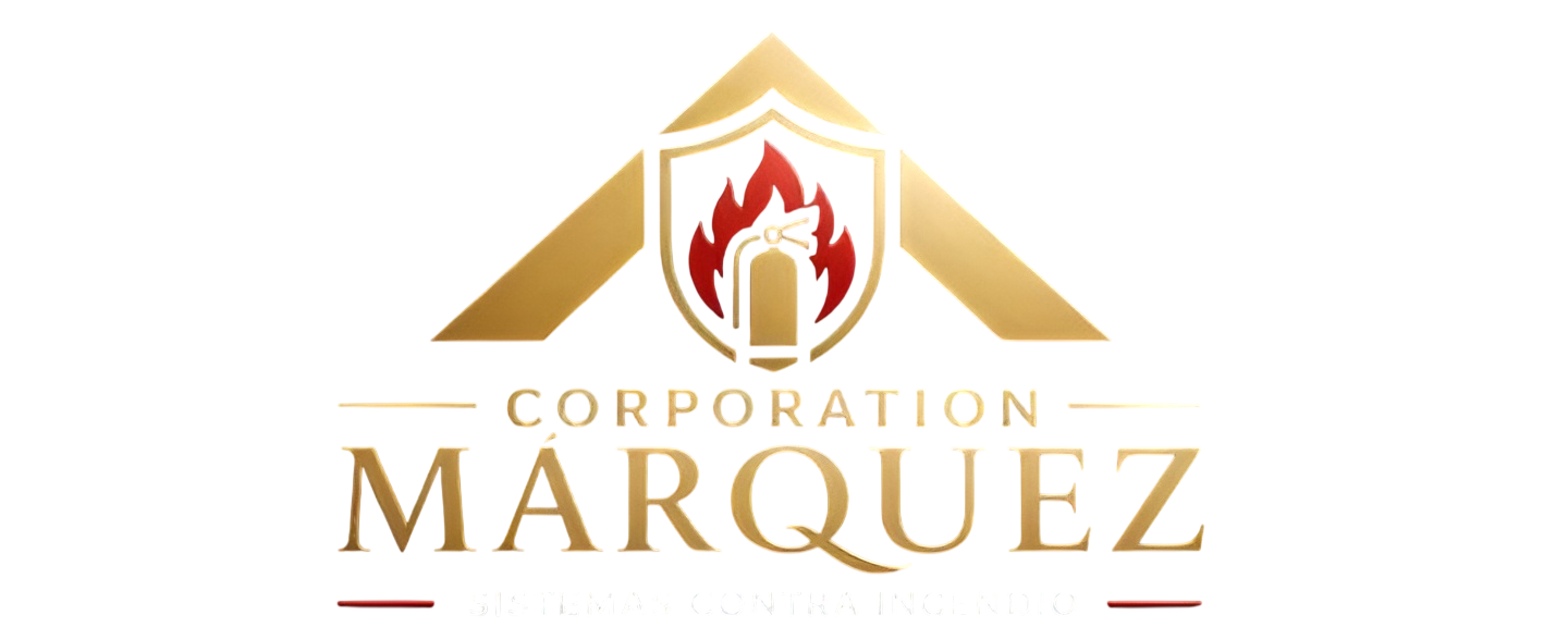Logotipo de la Corporación Márquez con techo dorado y llama roja sobre el nombre sobre fondo blanco.