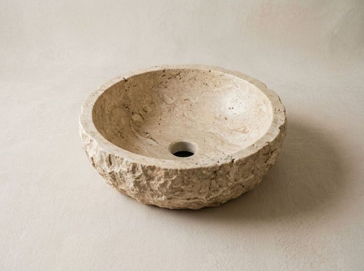 Lavabo in pietra grezza con foro di scarico su sfondo neutro