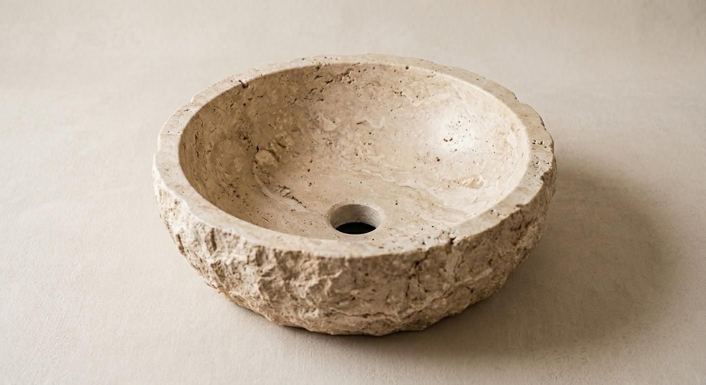Lavabo in pietra beige con foro di scarico, su sfondo neutro