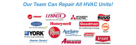 Banner listing HVAC brands our team can repair, with multiple red, blue, and black manufacturer logos on white background