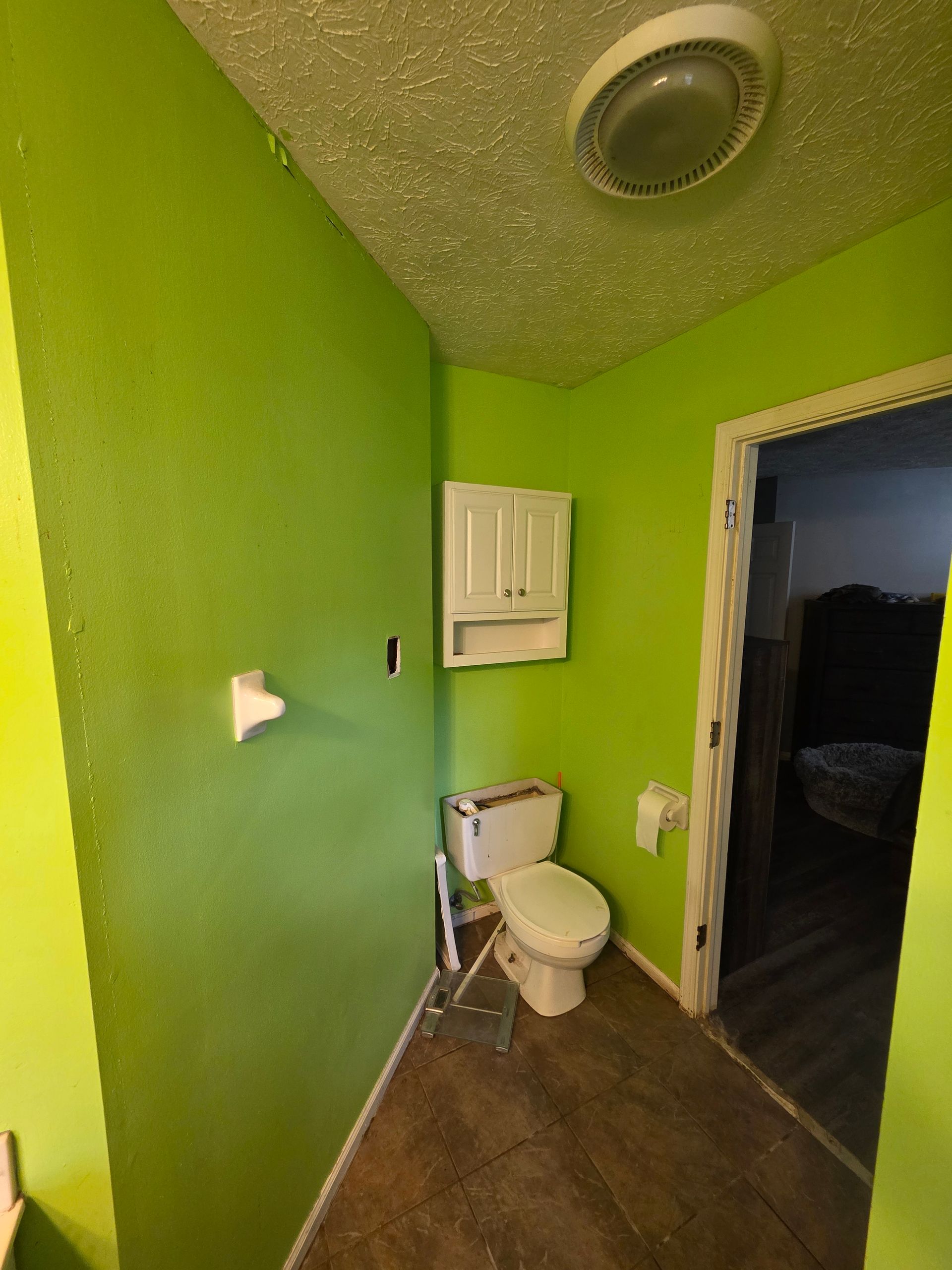 Small lime-green bathroom with toilet, wall cabinet, and open doorway to a dark room.