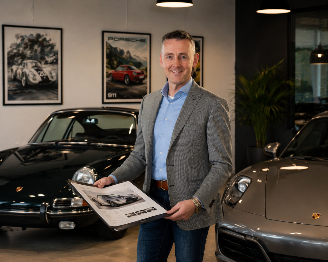 Man in blazer met autopapieren in de hand in een showroom met mooie auto's
