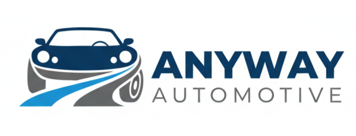 Logo van een auto met een wegafbeelding en de woorden "ANYWAY AUTOMOTIVE" in donkerblauw.