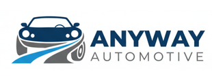 Logo van een auto met een wegafbeelding en de woorden "ANYWAY AUTOMOTIVE" in donkerblauw.