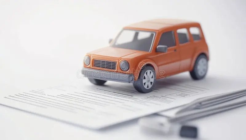 Oranje speelgoedauto op papier met pennen.
