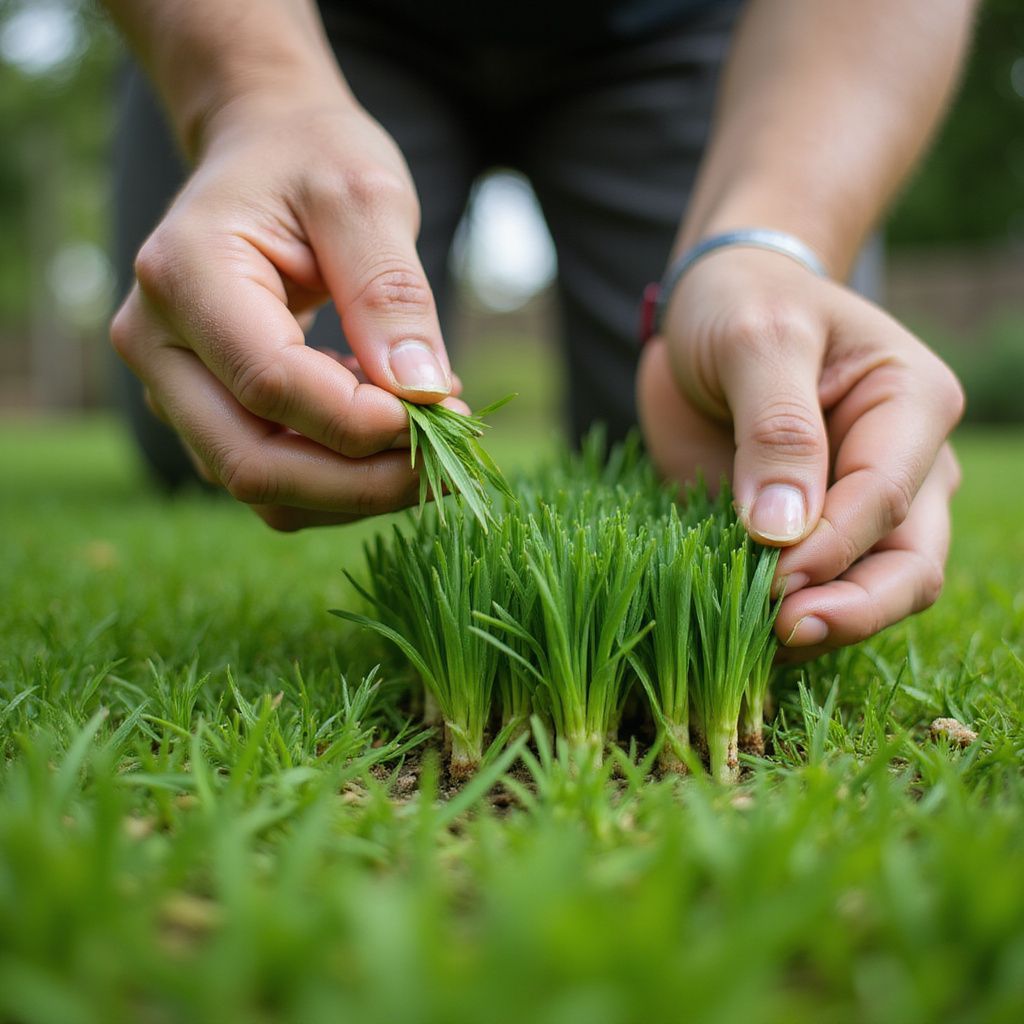 Hands tending to a small patch of grass, kneeling in a green lawn.