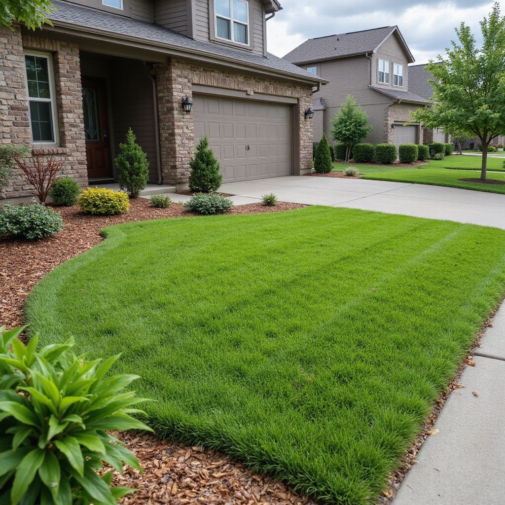 Well-manicured lawn and landscaping in front of a two-story home with a garage.
