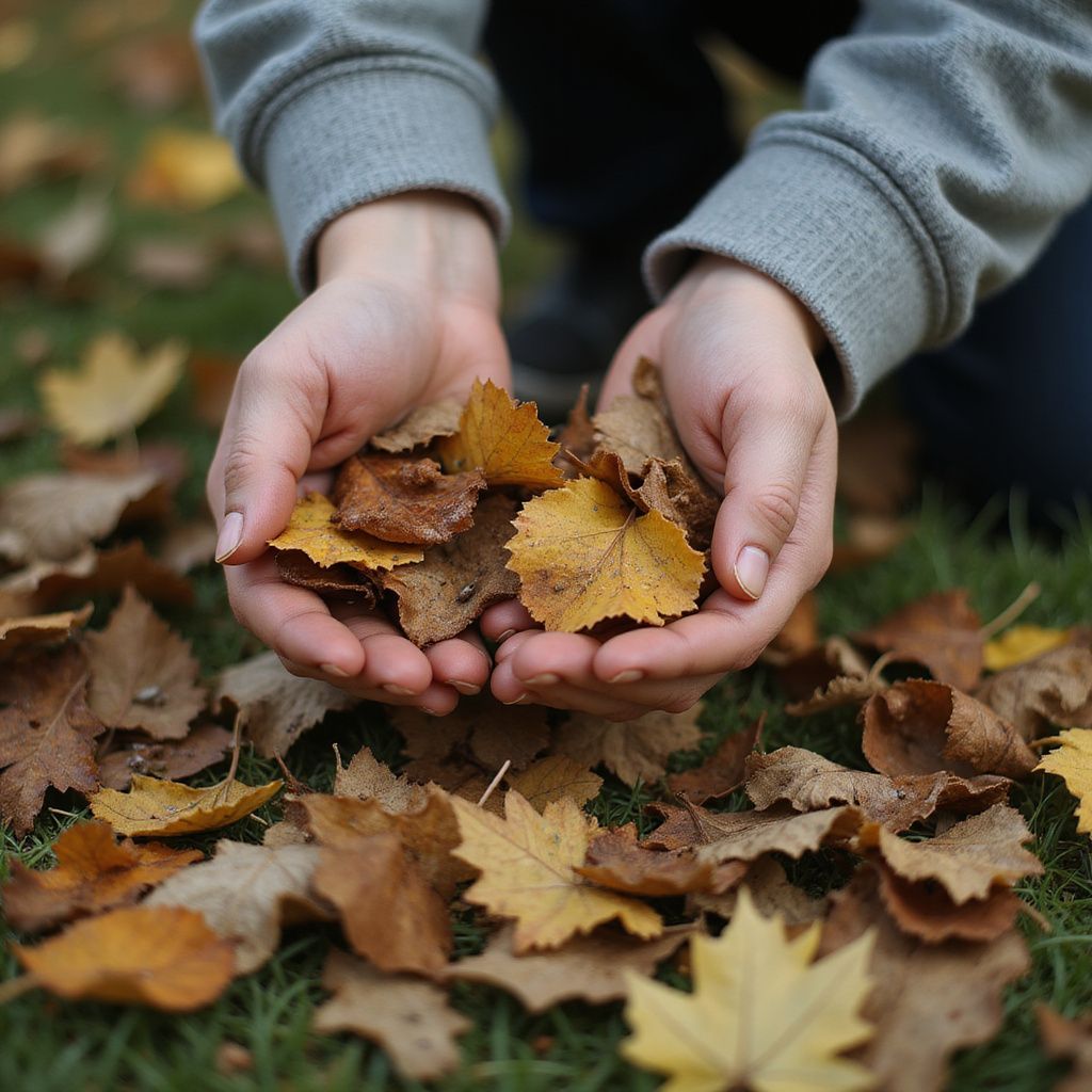 Hands cupping fallen autumn leaves, some yellow, brown, and tan, outdoors on grass.