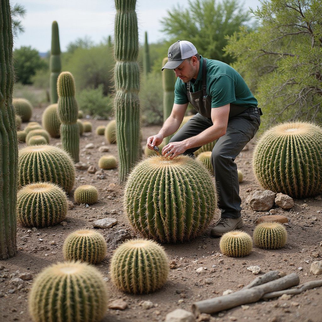 A person tending to round, spiky cacti in a desert garden. Green shirt, baseball cap, brown earth.