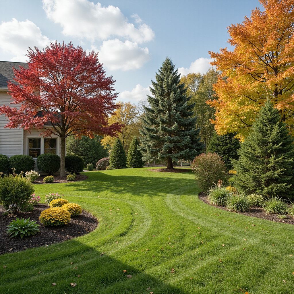 Lush green lawn with curving mower tracks, surrounded by colorful trees in autumn; a house is in the background.