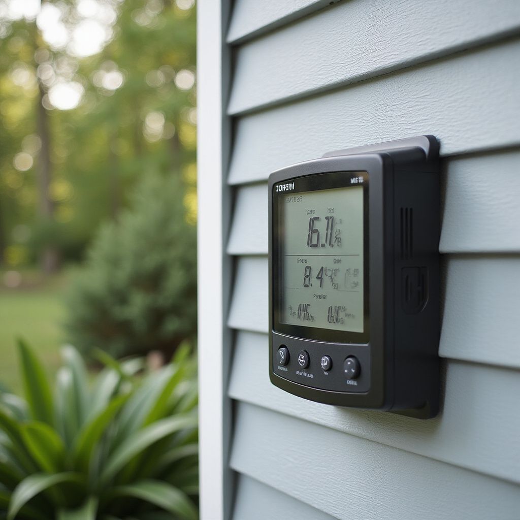 Black digital weather station mounted on a light blue house exterior, displaying temperature and humidity readings.