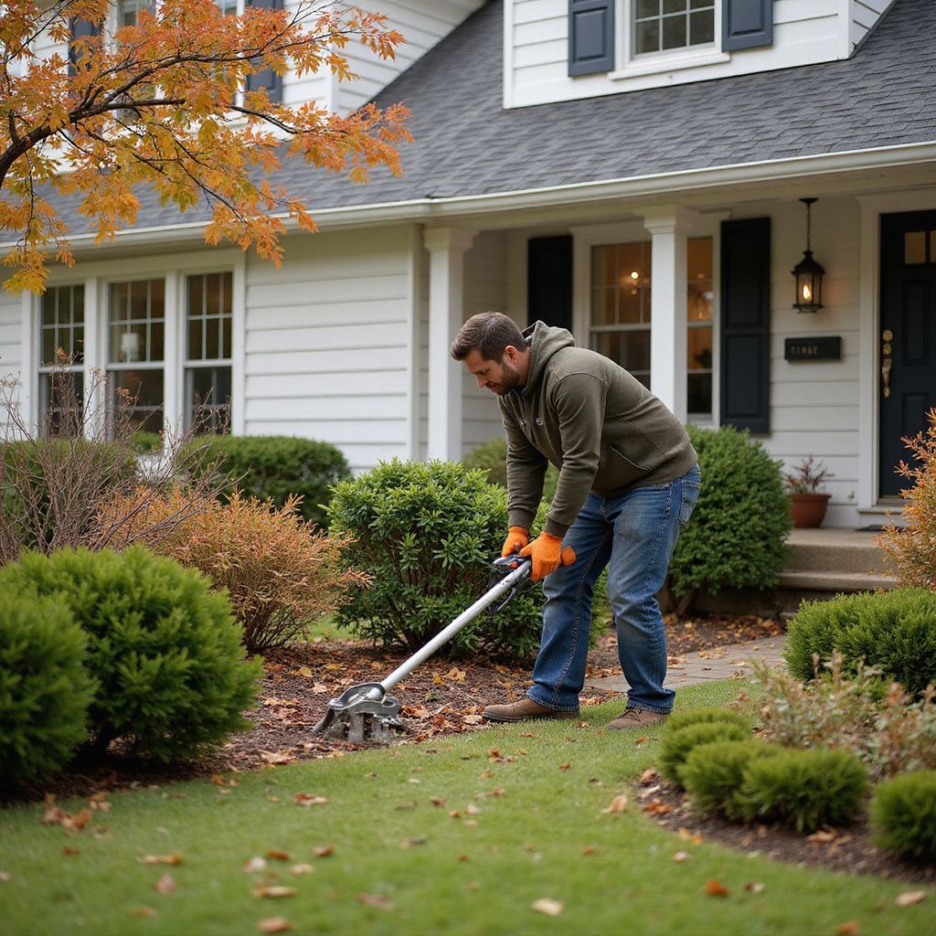 Man raking leaves in front yard of a white house with black shutters.