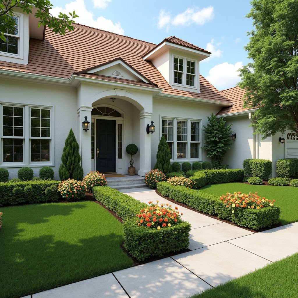 White house with a brown roof and a green manicured lawn. Potted shrubs and flowers line the walkway.