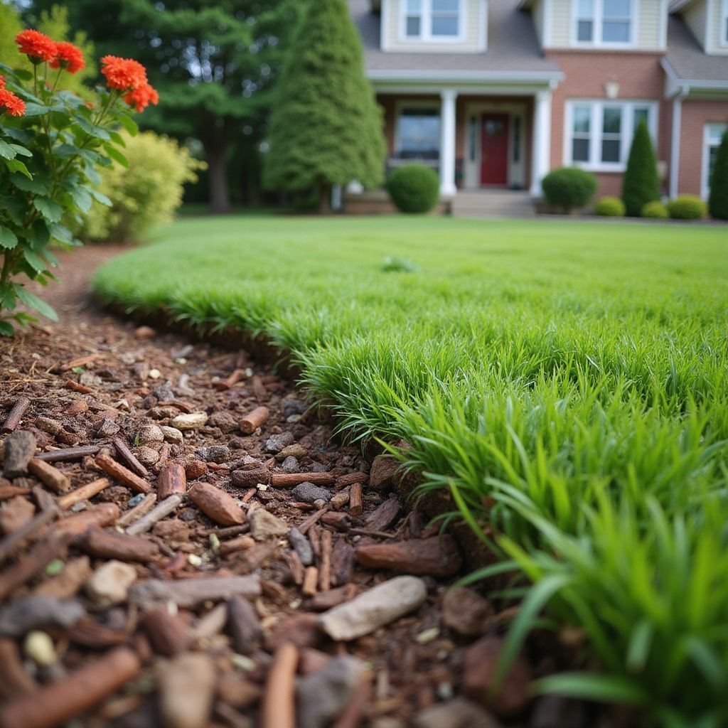 Lush green grass borders a bed of mulch and flowers in front of a brick house.