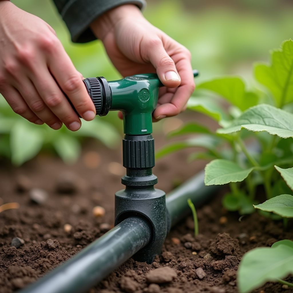 Hands attaching a green irrigation elbow to a black water line in a garden.