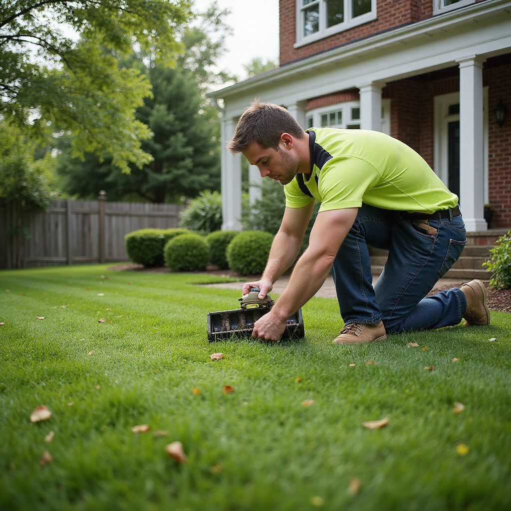 Man kneeling on lawn, working on a small lawnmower, in front of a house.