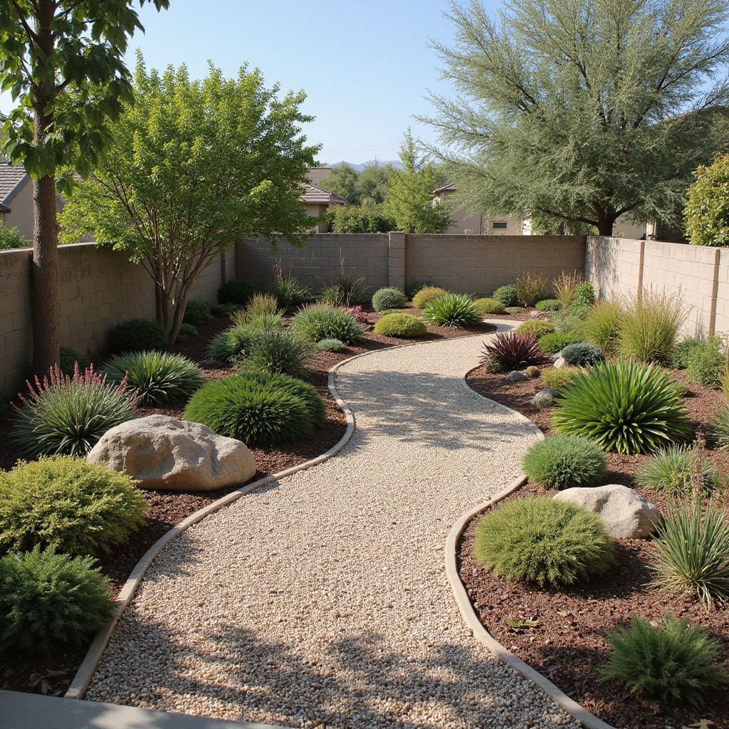 A gravel pathway winds through a xeriscaped garden with shrubs, trees, and large rocks, framed by a beige wall.