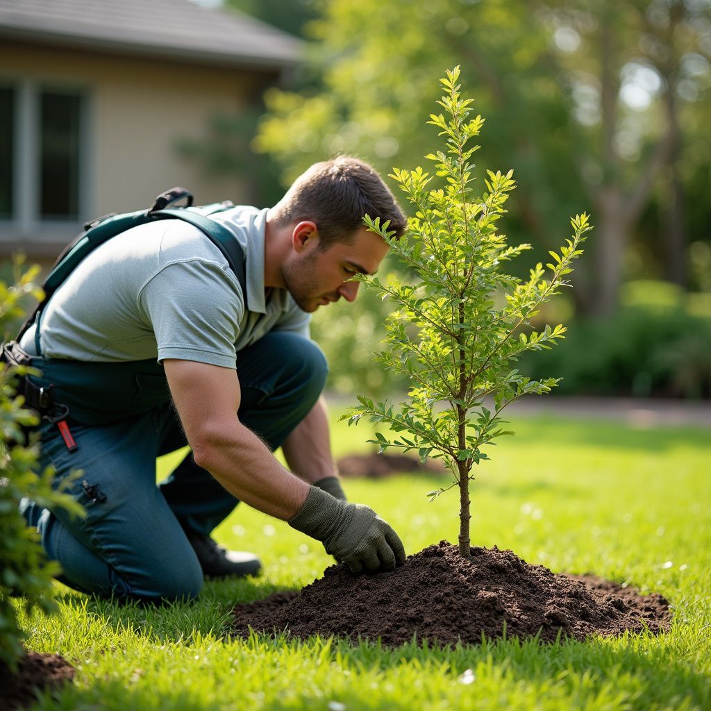 Man kneeling, planting a small tree in a grassy yard, under a sunny sky.