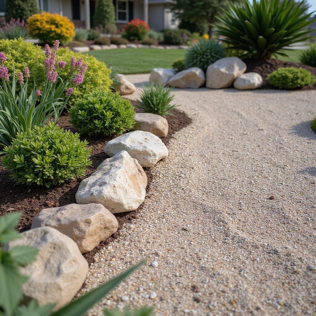 A gravel path curves through a garden, lined with rocks and various green and pink flowering plants.