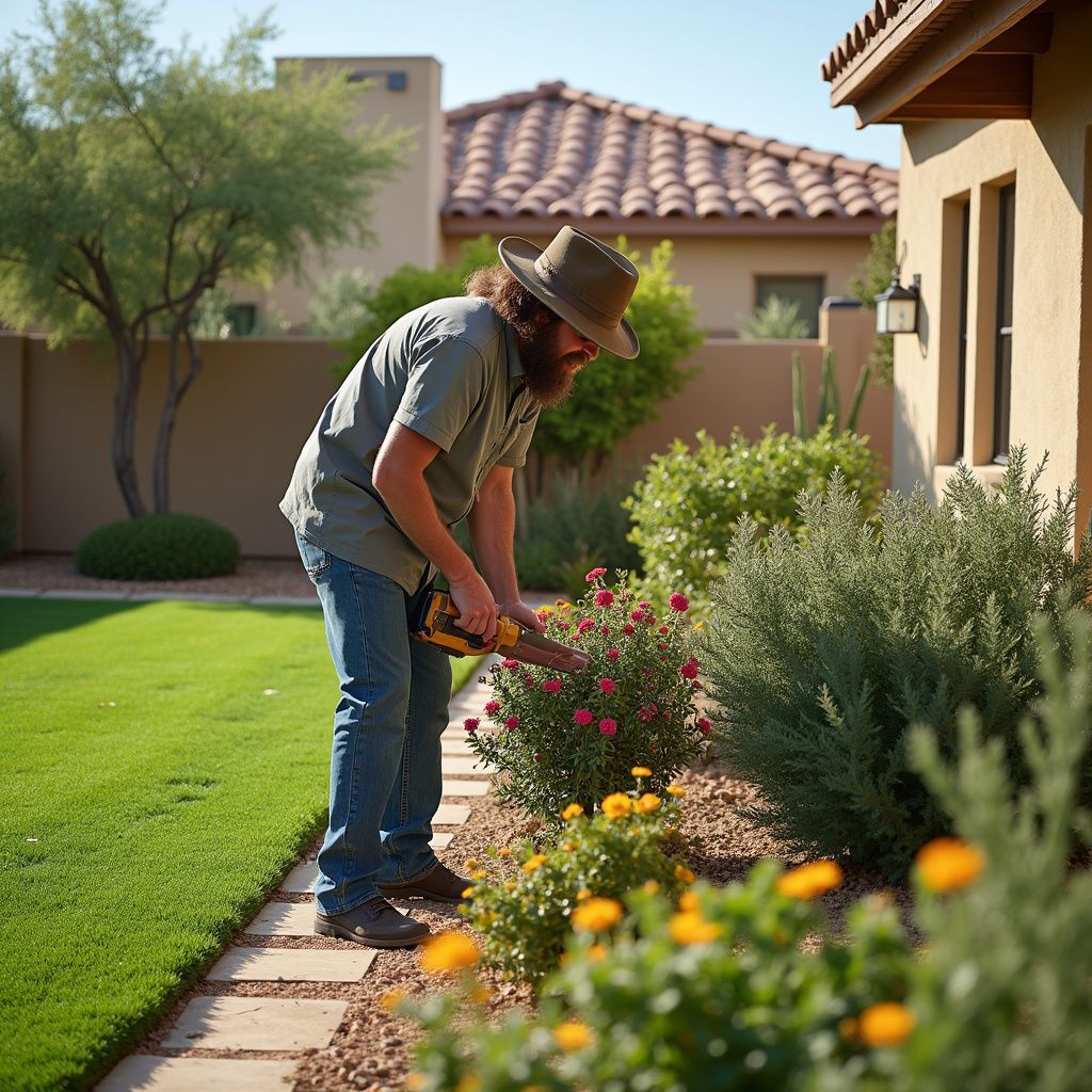 Man using trimmer to prune plants in a sunny garden near a house.