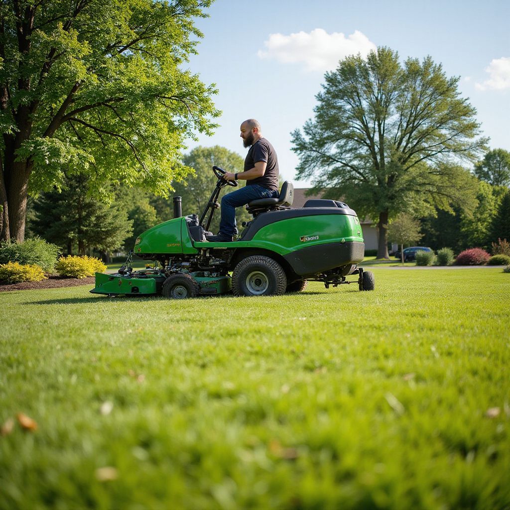 Man on a green riding lawnmower mowing grass in a sunny yard with trees.