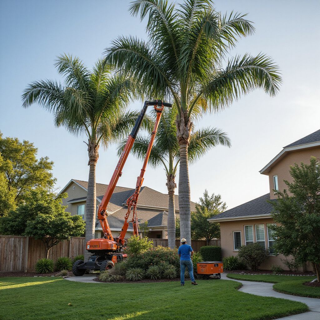 Two palm trees being trimmed by a worker in an orange lift on a sunny day in a suburban yard.
