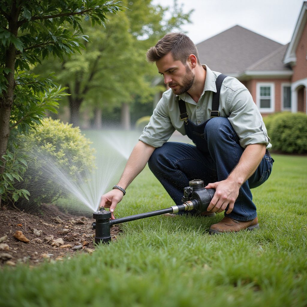 Man crouches by a sprinkler system on a lawn, inspecting it. House in background.