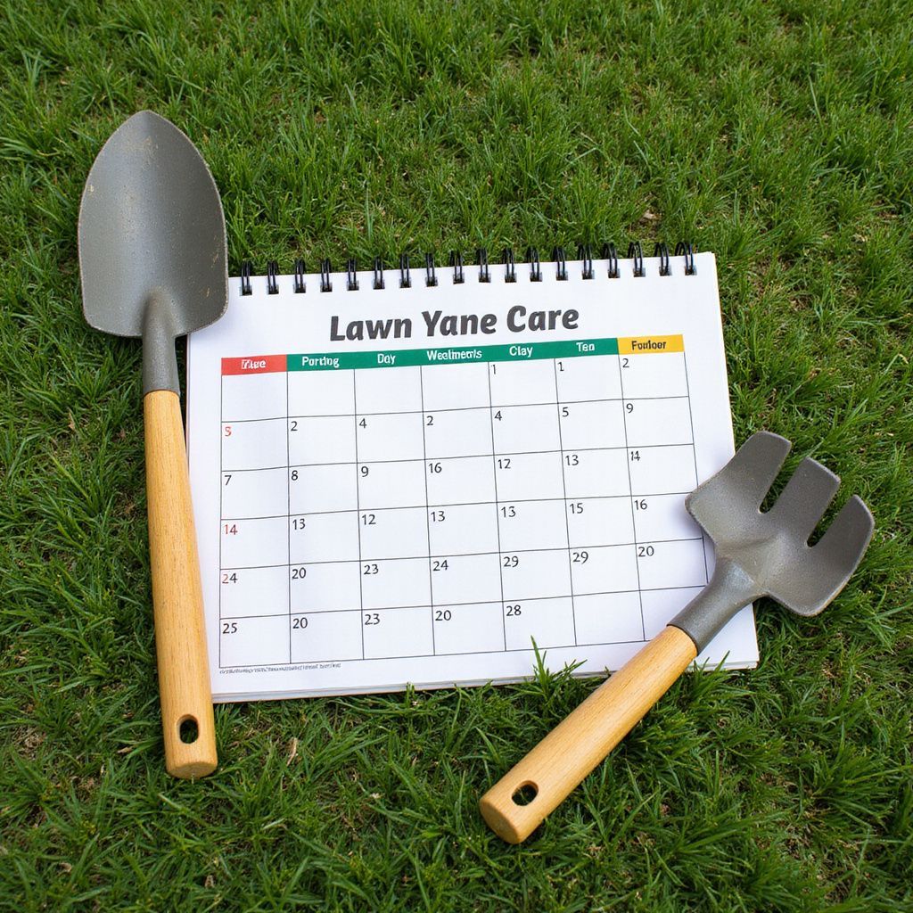 Lawn care calendar on grass with shovel and hand rake.