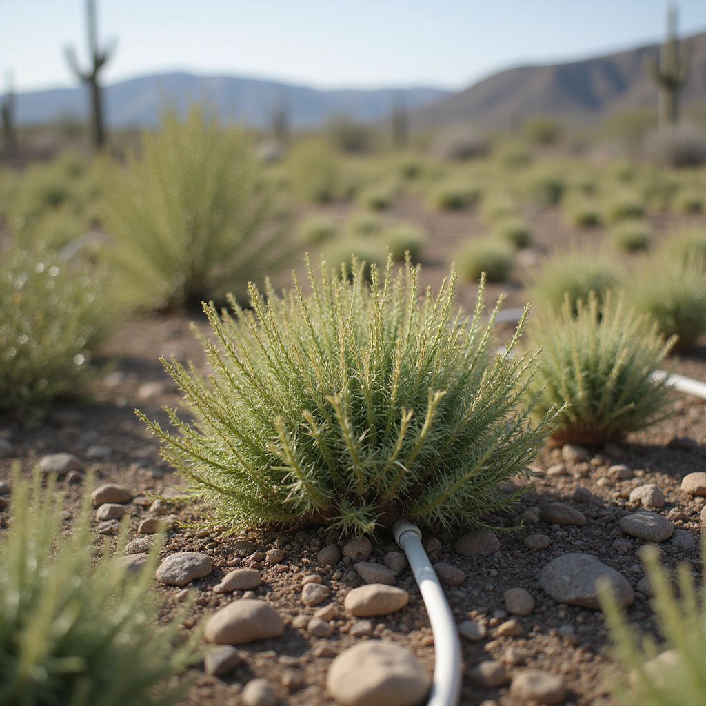 Desert landscape with green shrubs and cacti, tan rocks, and a white irrigation tube.