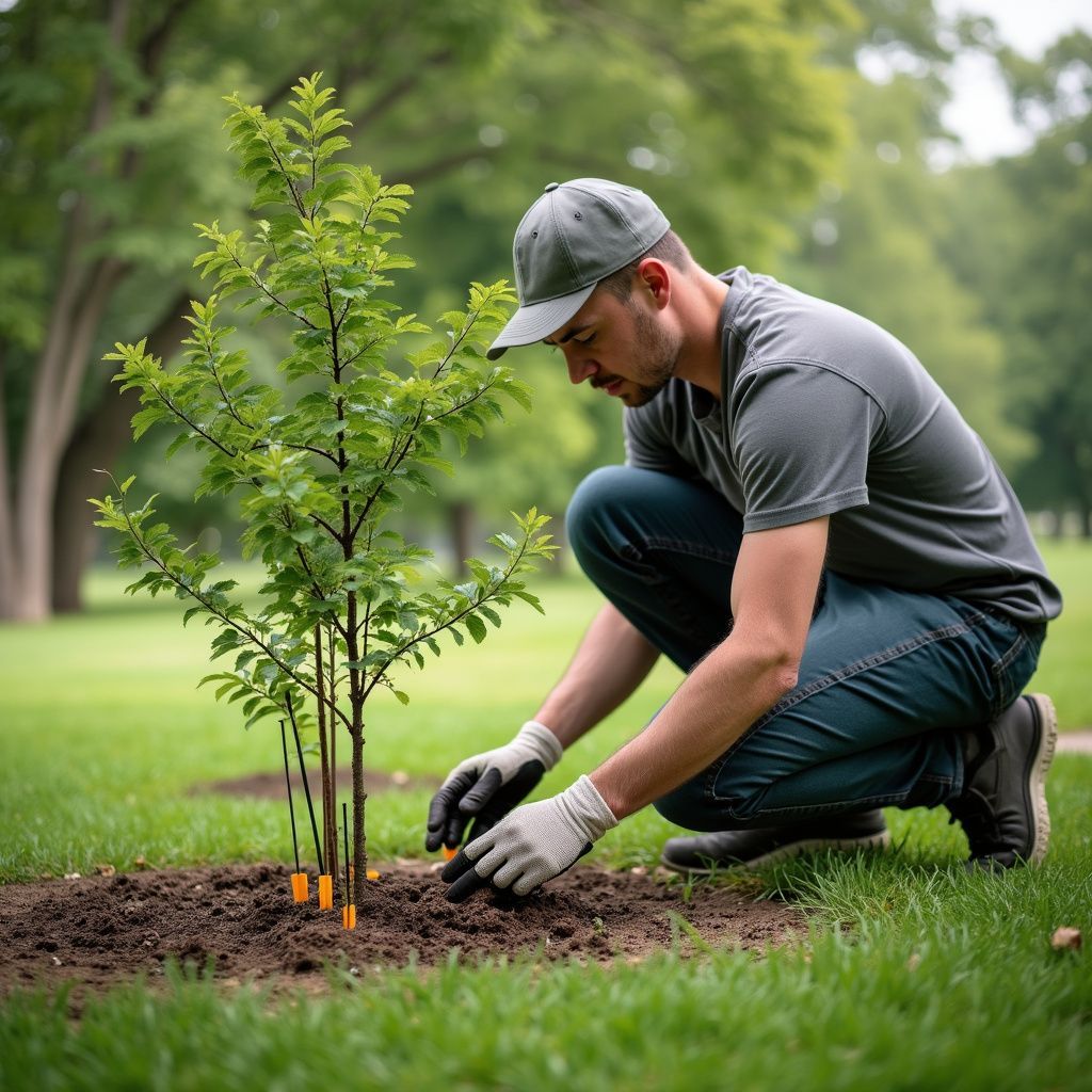 Man planting a young tree in a grassy park, wearing gloves and a hat.