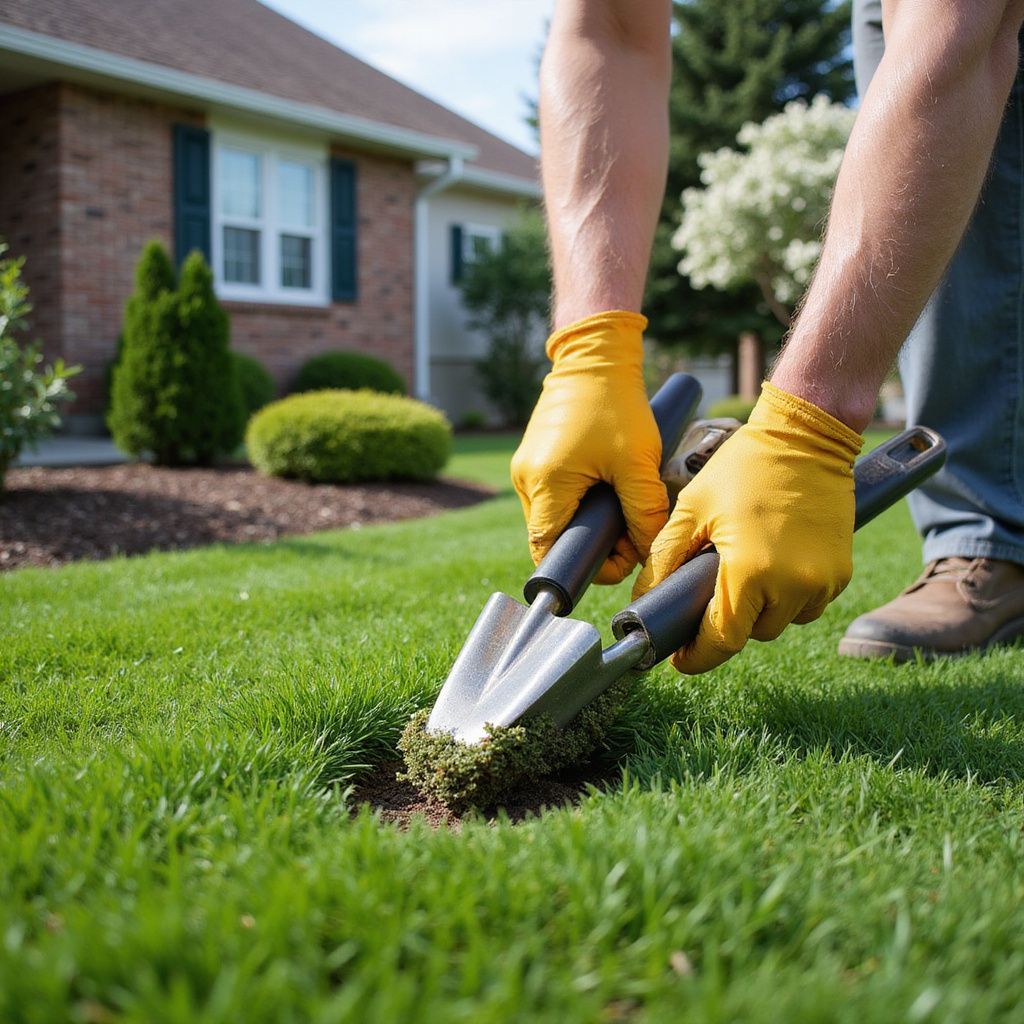 Person with yellow gloves using hand tools to work on a lawn, near a house.