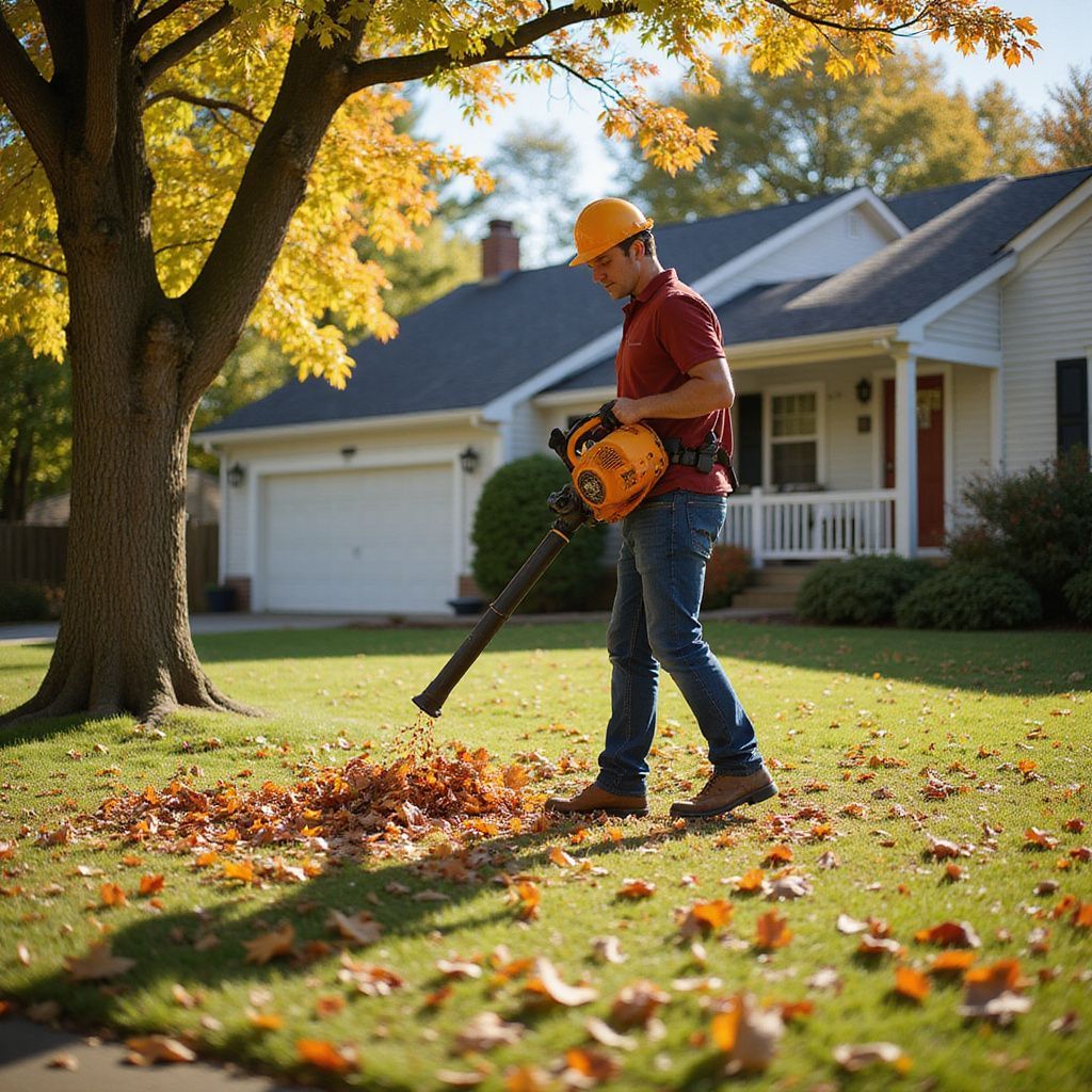Man in safety helmet using a leaf blower on a lawn with autumn leaves in front of a house.