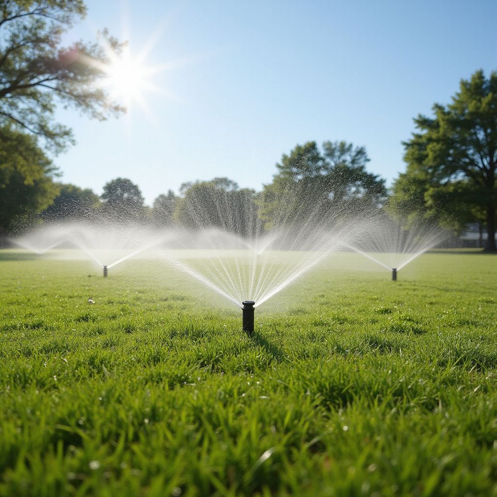 Sprinklers watering a green lawn under a sunny sky.